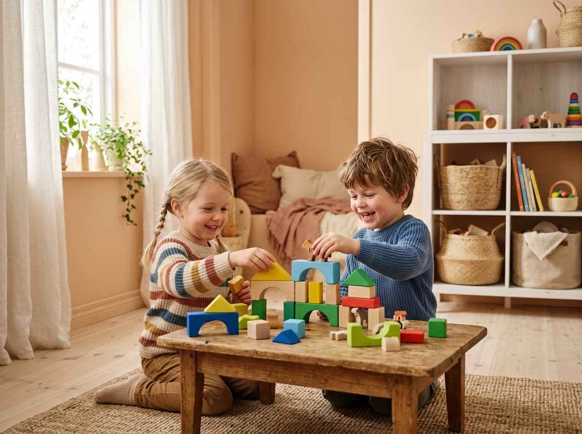 Children playing with Montessori wooden toys